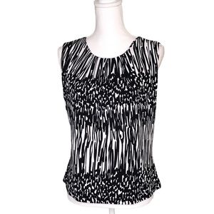 Calvin Klein Black and White Geometric Print Sleeveless Pleat Neck Blouse Medium